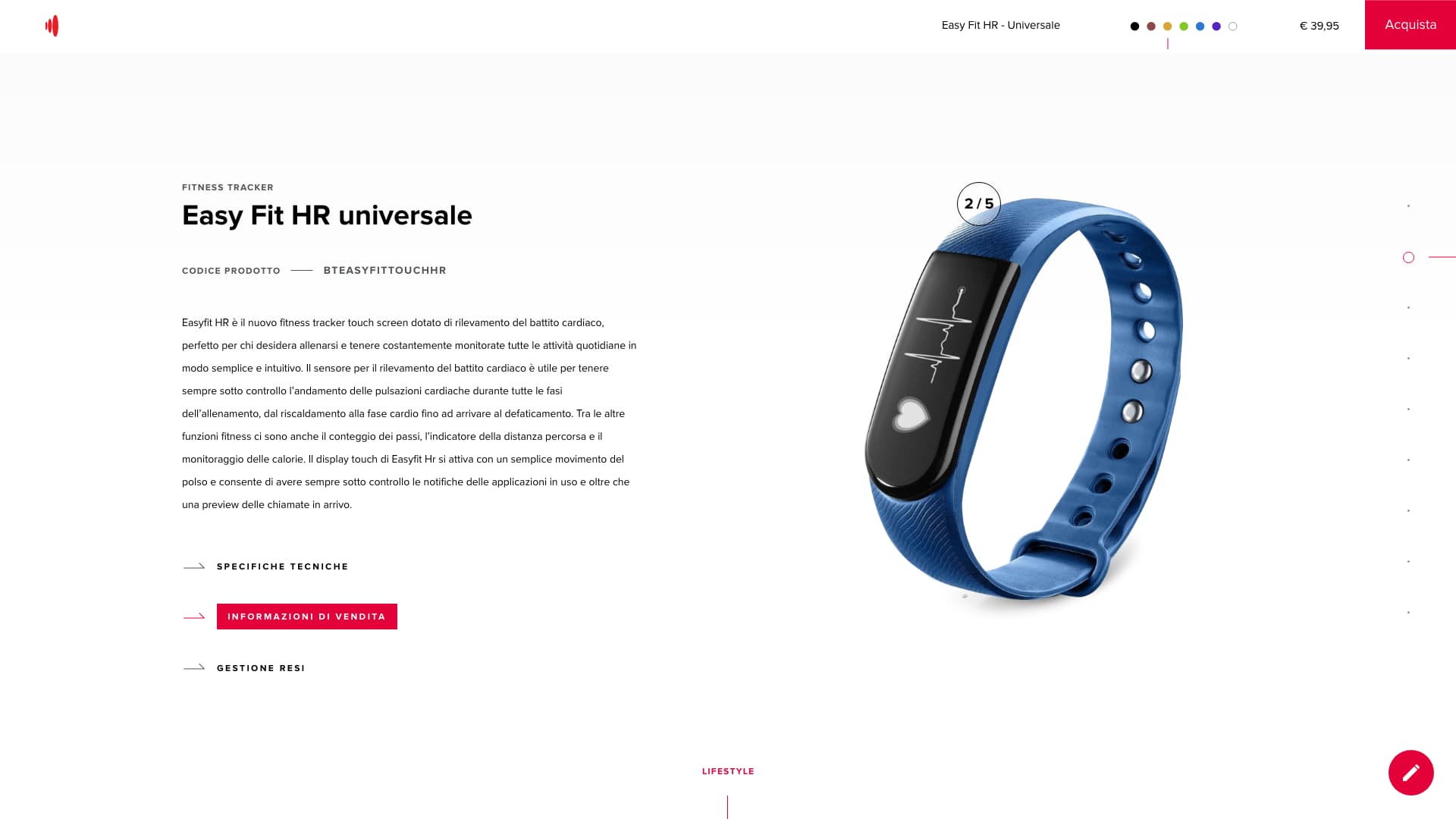 Pagina prodotto Human On con smartwatch blu e dettagli tecnici